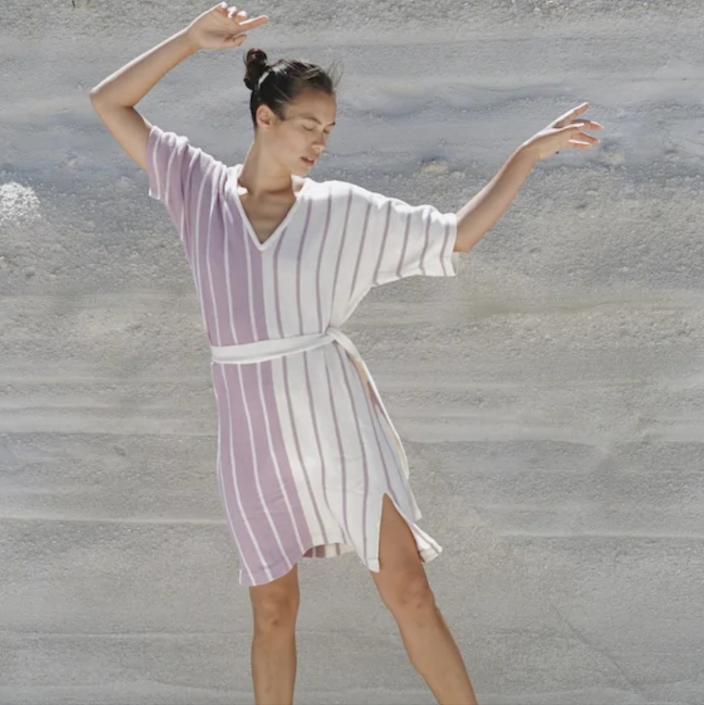 Kordal New York Raya Sriped Belted Handloomed Knit Dress 100% Cotton Small